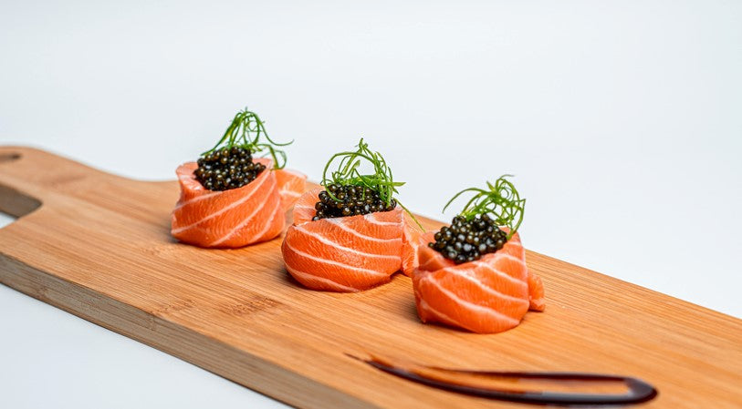 Salmon-Wrapped Nigiri with Caviar