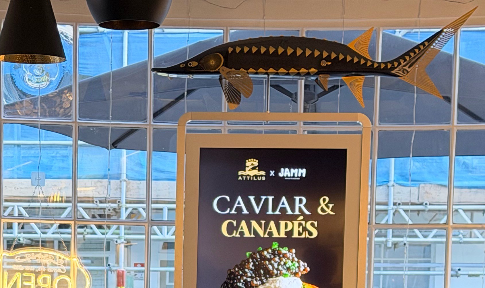 The window of the Attilus shop at 92 York Street: a black and gold sturgeon sculpture hangs above a screen that reads Attilus x JAMM, Caviar and Canapés.
