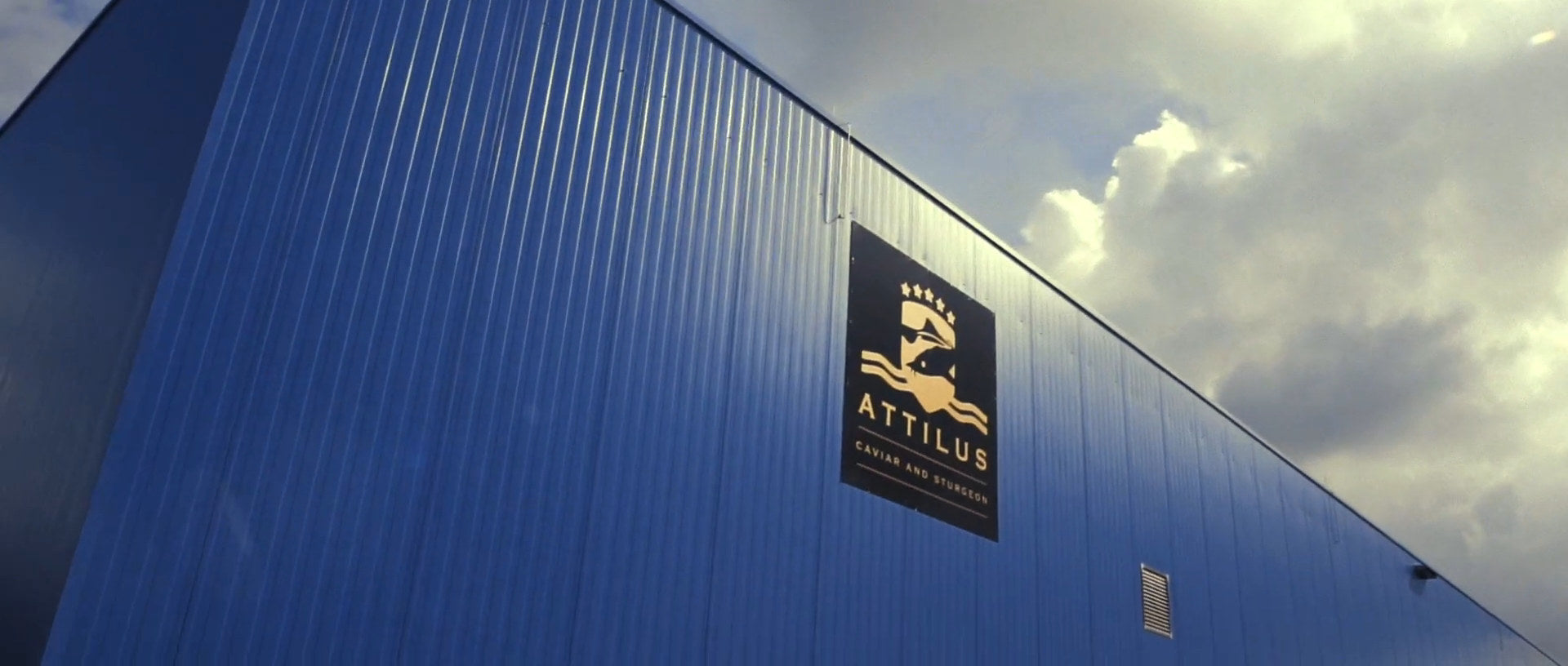 The side of a long blue hall under a cloudy sky, with a black sign bearing the gold Attilus crest and the words Attilus, Caviar and Sturgeon.