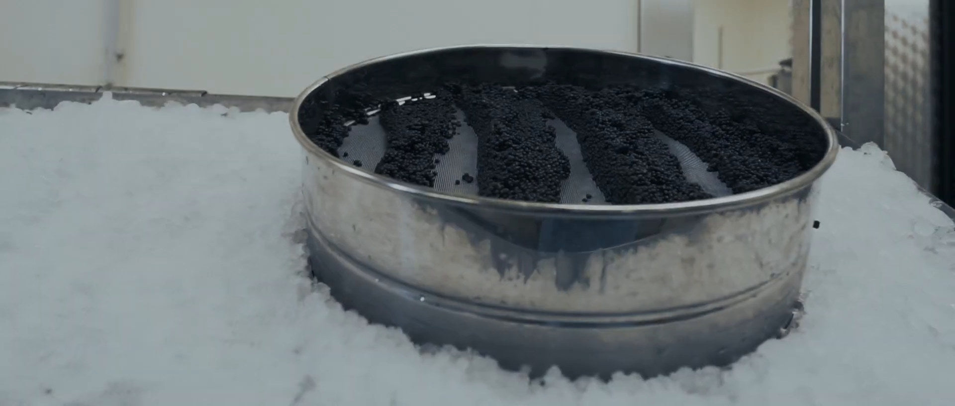 Dark roe spread in rows in a round steel sieve with a mesh base, set in crushed ice.